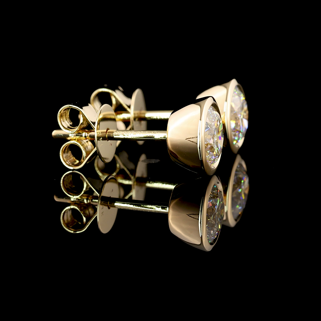 Round Brilliant Lab Diamond Bezel Set Stud Earrings - 14K Yellow Gold (1.42ctw)