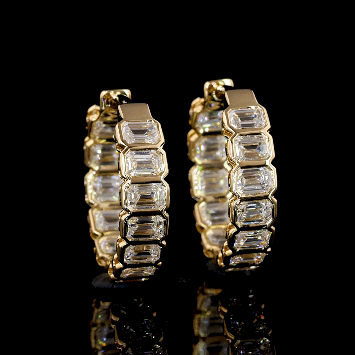 Emerald Cut Inside-Out Lab Diamond Bezel Set Hoop Earrings - 14K Yellow Gold (2.01ctw)