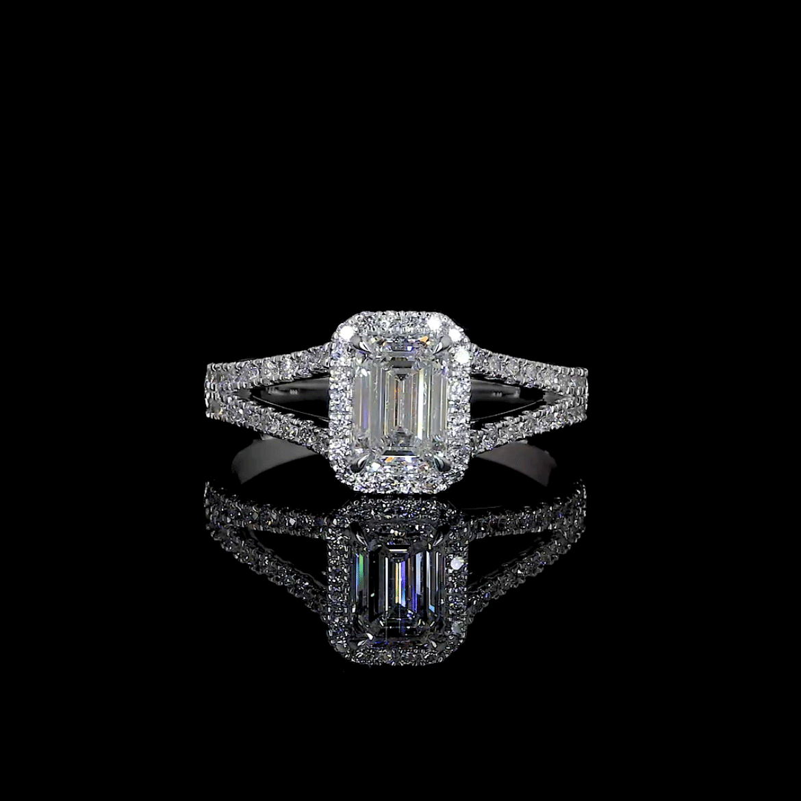 Anillo de compromiso con halo de diamantes de laboratorio con certificación GIA y talla esmeralda - Oro blanco de 14 quilates (1,42 cts)