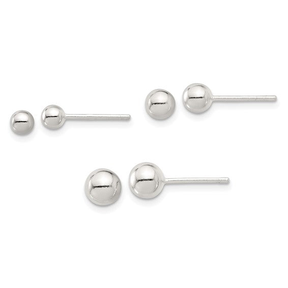 4mm, 5mm, & 6mm Ball Post Stud Earrings Set - Rhodium-Plated Sterling Silver