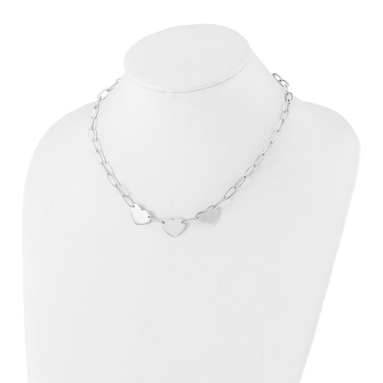 Triple Heart Paperclip Necklace - Rhodium Plated Sterling Silver