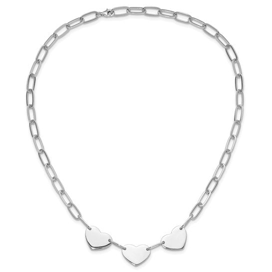 Triple Heart Paperclip Necklace - Rhodium Plated Sterling Silver