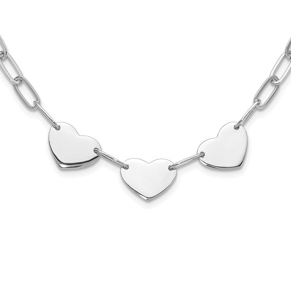Triple Heart Paperclip Necklace - Rhodium Plated Sterling Silver
