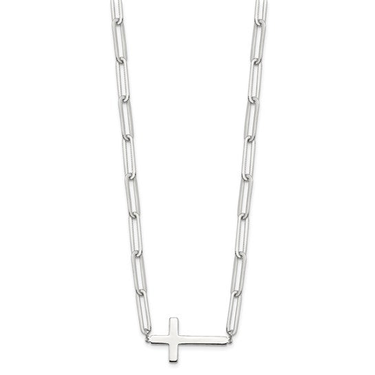 Sideways Cross Paperclip Necklace - Rhodium Plated Sterling Silver