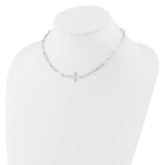 Sideways Cross Paperclip Necklace - Rhodium Plated Sterling Silver