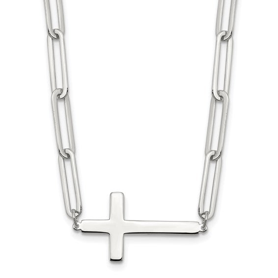 Sideways Cross Paperclip Necklace - Rhodium Plated Sterling Silver