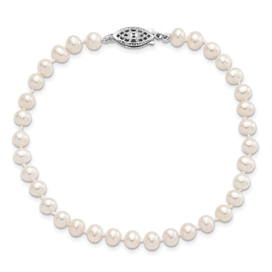 4-5mm White Freshwater Cultured Pearl Bracelet - Rhodium-Plated Sterling Silver