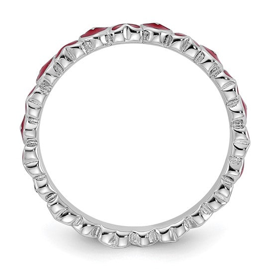 Stackable Red Heart Enameled Ring - Sterling Silver
