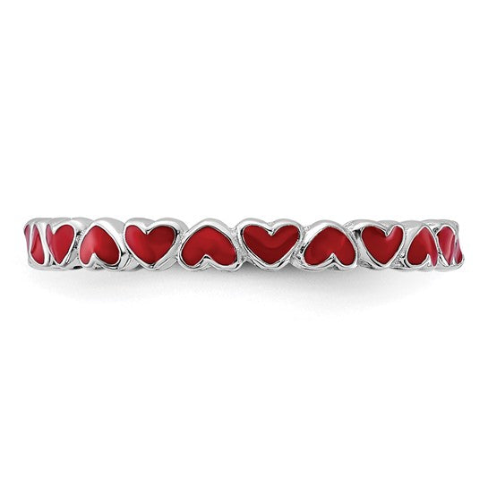 Stackable Red Heart Enameled Ring - Sterling Silver