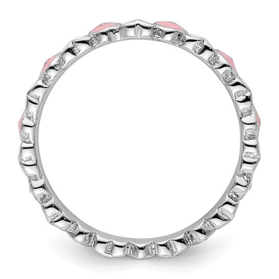Pink Heart Enameled Stackable Ring - Sterling Silver