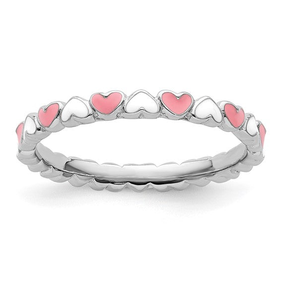 Pink Heart Enameled Stackable Ring - Sterling Silver
