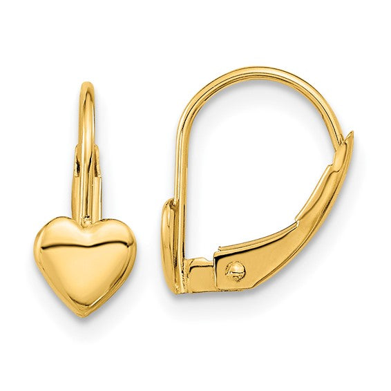 Heart Leverback Earrings - 14K Yellow Gold