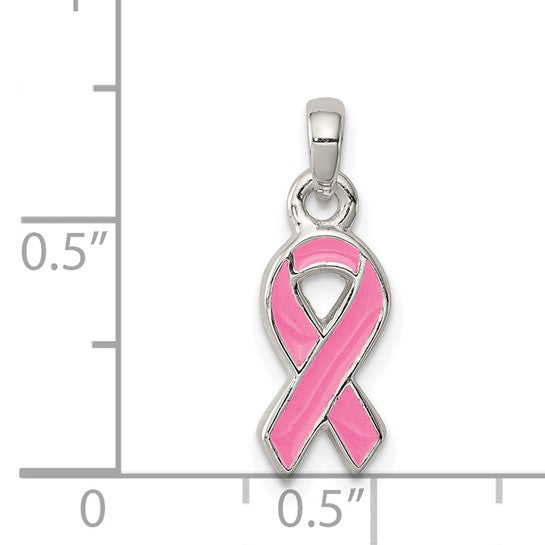 Pink Enameled Ribbon Pendant - Sterling Silver