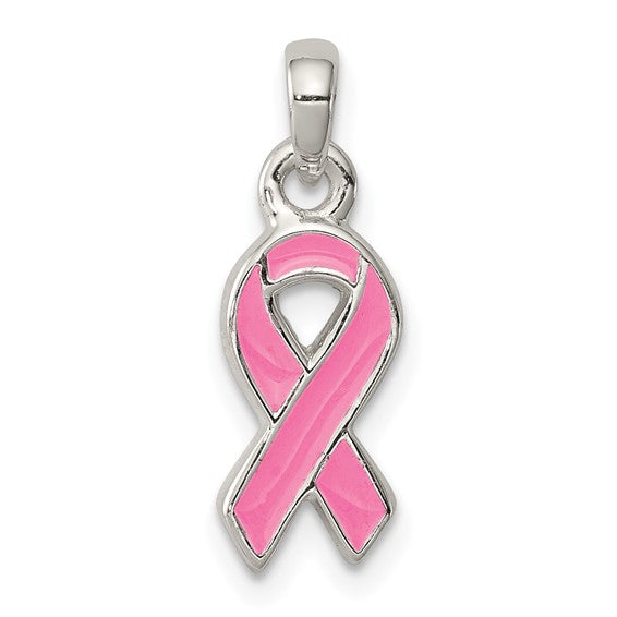 Pink Enameled Ribbon Pendant - Sterling Silver