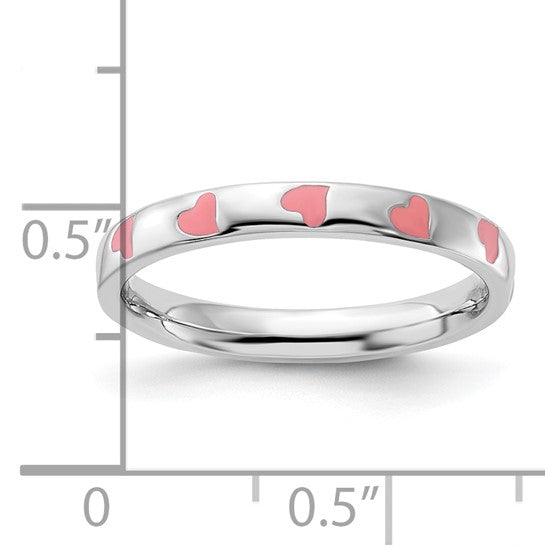 Pink Heart Enameled Eternity Ring - Sterling Silver