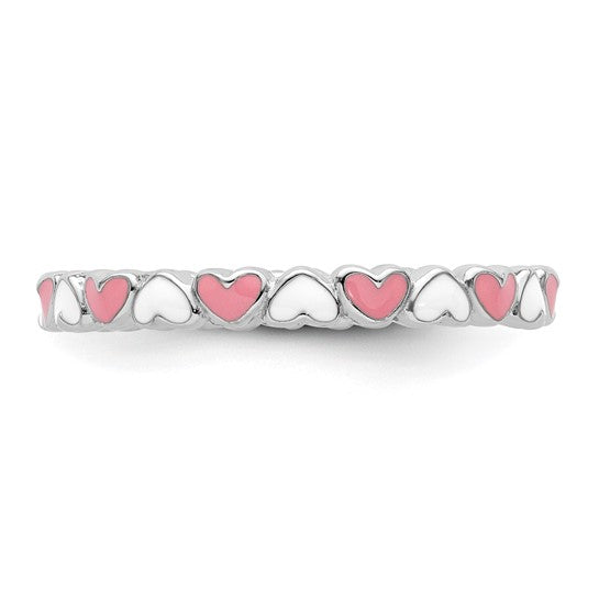 Pink Heart Enameled Stackable Ring - Sterling Silver